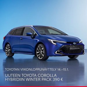 Toyotan viikonloppunäyttelyssä 14.–15.1. Winter Pack nyt erikoishintaan 390 € uuteen Toyota
Corolla Hybridiin. Sis. talvirenkaat...