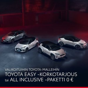 Valikoituihin Toyota-malleihin Toyota Easy -korkotarjous tai kaupan päälle All Inclusive
-paketti, joka sisältää talvirenkaat ke...