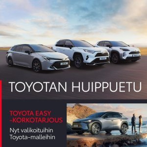 Toyotan sähköistettyjen autojen mallisto tarjoaa vaihtoehdon jokaiseen
tarpeeseen. Koeaja sinulle sopivin malli ja hyödynnä huip...